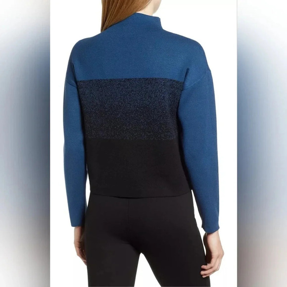 Anne Klein Mock-Neck Colorblock Viscose Blend Boxy Sweater, Color Blue/Blck Sz L - Picture 2 of 15
